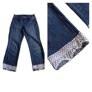 NYDJ Bohemian Boho Crochet Trim Cuffs Cropped Jeans Blue Sz 4